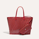 Red Élodie Tote Bag with signature patterned finish and matching detachable pouch, available in medium and large sizes.