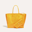 Yellow Élodie Tote Bag with signature pattern and matching detachable pouch, available in medium and large sizes, perfect for daily use and travel.
