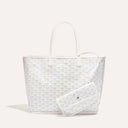 White Élodie tote bag with signature pattern and matching detachable pouch, available in medium and large sizes