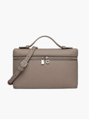 Taupe vegan leather Loriana crossbody handbag with silver logo and adjustable strap