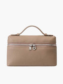 Beige vegan leather crossbody handbag with silver zipper and top handle