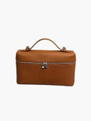 Brown vegan leather crossbody handbag with adjustable strap and silver logo emblem